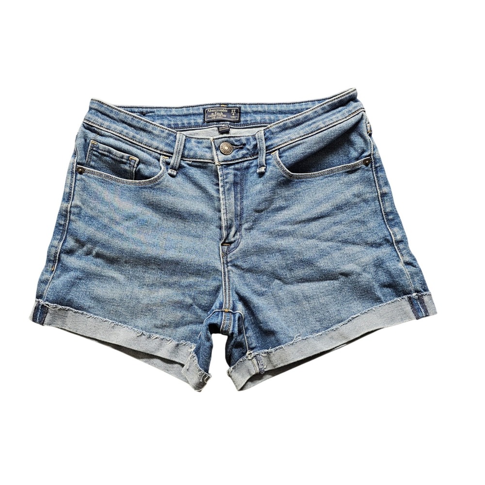 Abercrombie & Fitch Harper Low Rise Midi Shorts 27 4 Blue Denim Cuffed Raw Hem
